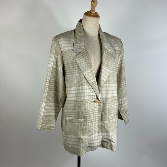 VINTAGE 90’s Neutral Plaid Linen Cotton Blend Womens Blazer Medium - Picture 2 of 8